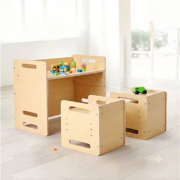 Ysmeria Montessori 3-Piece Wood Top Toddler Table and Chair Set with Adjustable Height Chairs, Natural Finish