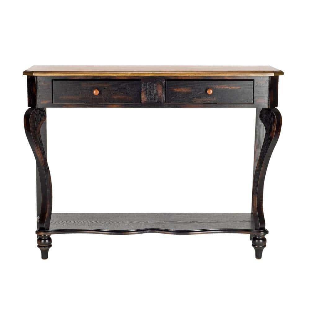 Transitional Dark Brown Birch Wood Console Table with Storage