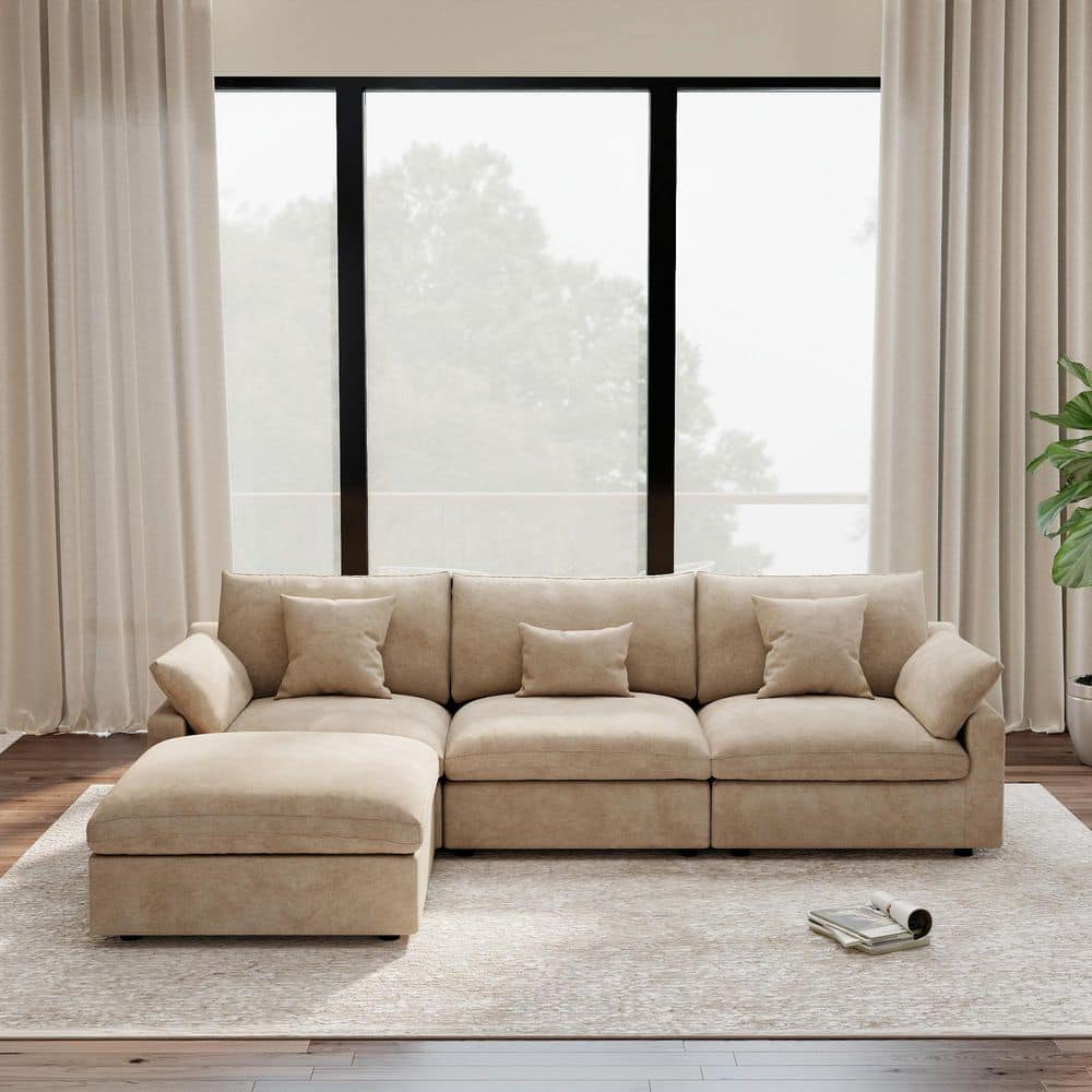 118.11 in. Slope Arm 4-Piece Deep Seat Down Linen Flexible Modular Sectional Sofa with Ottoman, Removable Cover in Brown