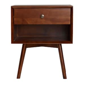 Mid-Century 1-Drawer Walnut Solid Wood Nightstand