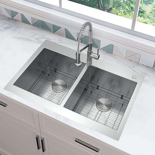 Professional Zero Radius 33 in. Drop-In 50/50 Double Bowl 16 Gauge Stainless Steel Kitchen Sink with Accessories