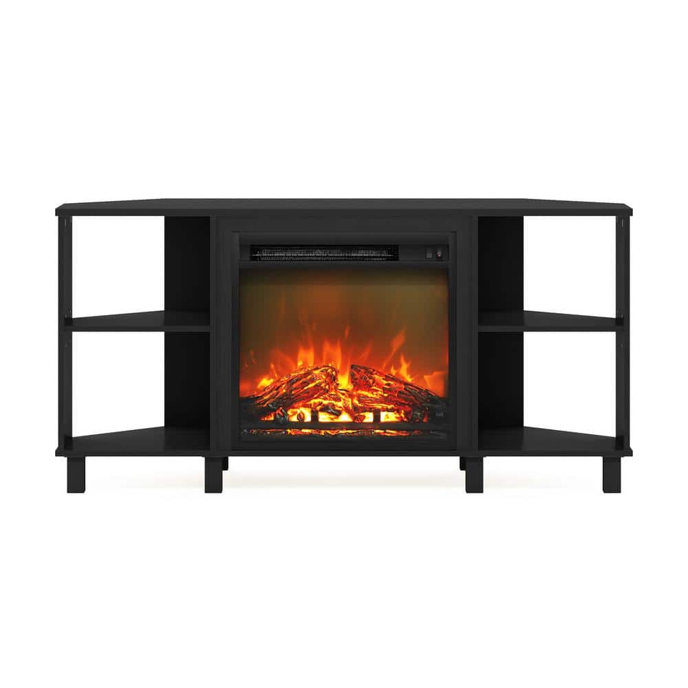 Gray Jensen Corner TV Stand with Electric Fireplace and Metal Legs
