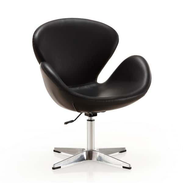 Manhattan Comfort Raspberry Modern Black and Polished Chrome Faux Leather Upholstered Accent Arm Chair with Swivel