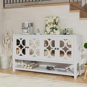 Antique White Wood 60 in. 4-Door Buffet Sideboard with Adjustable Shelves, Mirrored Hollow-Carved Pattern, Bottom Shelf