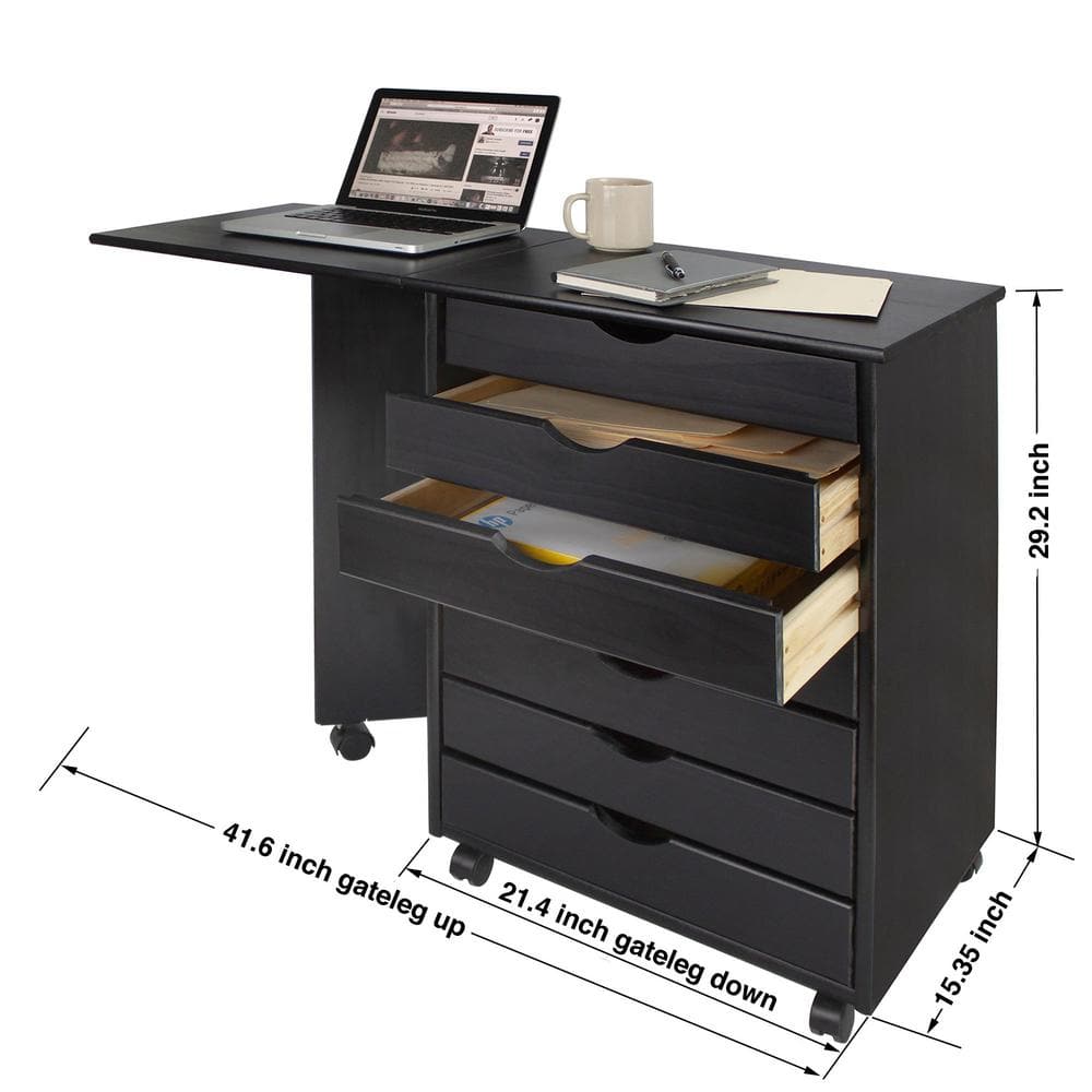 Black Solid Wood 7-Drawer Drop Leaf Roll Cart Desk