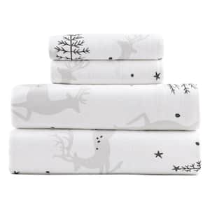 4-Piece Christmas Deer 100% Turkish Cotton Flannel King Sheet Set
