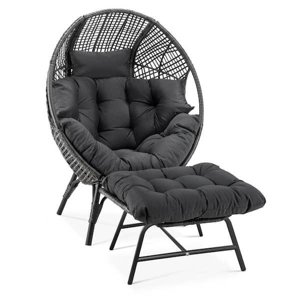 PE Wicker Indoor/Outdoor Lounge Egg Chair with Dark Gray Cushion and Ottoman for Patio Porch Balcony