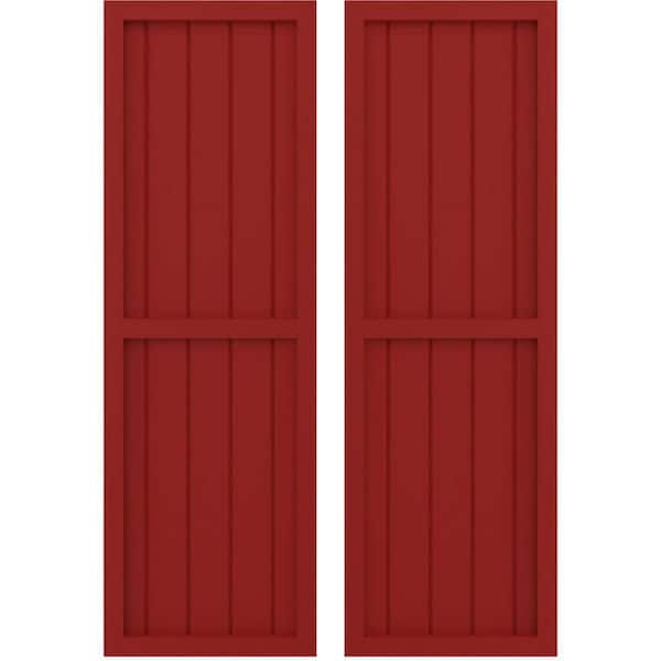Ekena Millwork 17-1/2 in. W x 68 in. H Americraft 5-Board Exterior Real Wood 2 Equal Panel Framed Board and Batten Shutters in Fire Red