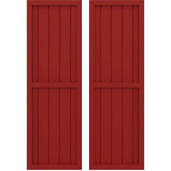 Ekena Millwork 17-1/2 in. W x 70 in. H Americraft 5-Board Exterior Real Wood 2 Equal Panel Framed Board and Batten Shutters in Fire Red