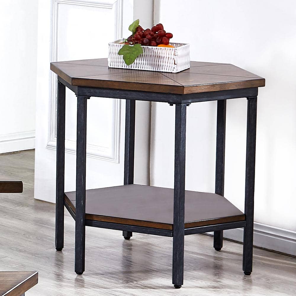 Mocha Hexagonal Wooden End Table with Iron Base and Storage