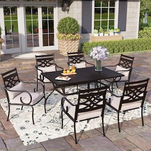 7-Piece Metal Outdoor Dining Set with Beige Cushions, Rectangle Dining Slat Table