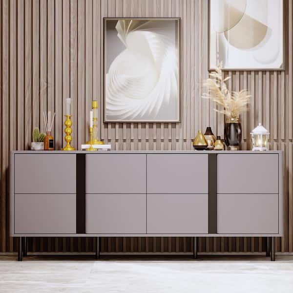 FUFU&GAGA Gray Wood TV Stand Media Console Table Storage Cabinet with Pop-up Doors, Glass Finish, Drawers, Fits TV's up to 80 in.