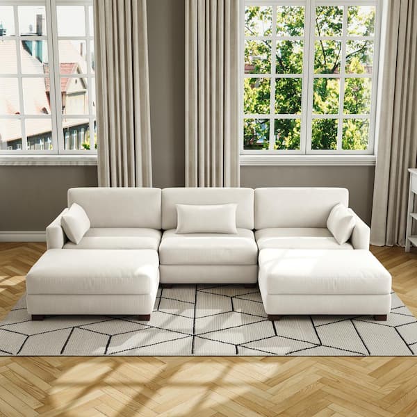 Uixe 123 in. Square Arm 5-Piece Corduroy Upholstered U-Shaped Sectional Sofa in Beige