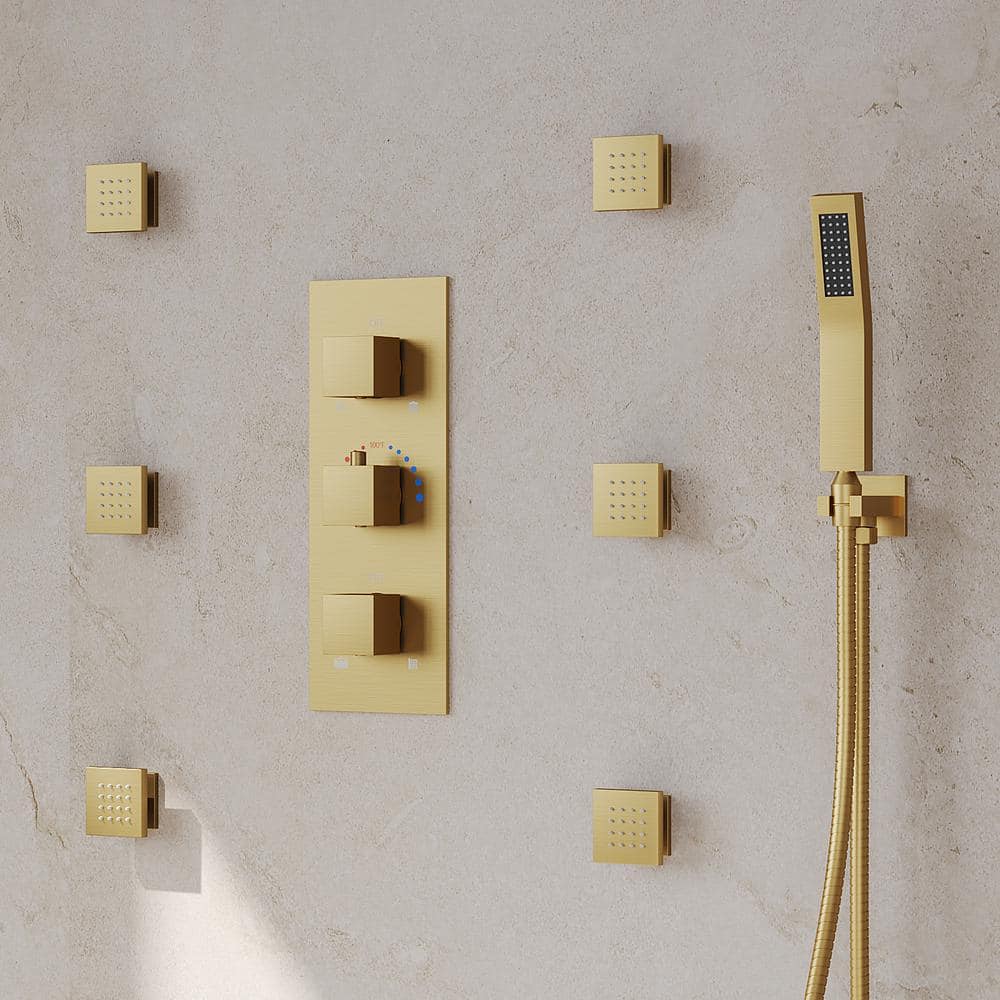 Brushed Gold Wall Mounted Dual Shower System with Body Jets
