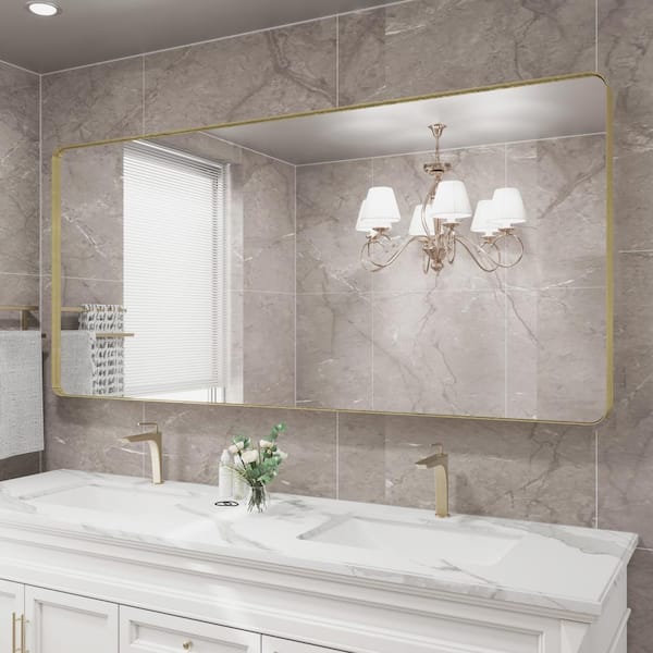 59 in. W x 28 in. H Rectangular Framed Wall Mounted Bathroom Vanity Mirror in Brushed Gold