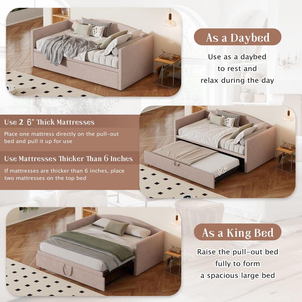 Gray Twin to King Size Velvet Upholstered Daybed with Extended Pop-Up Trundle - thumbnail 4