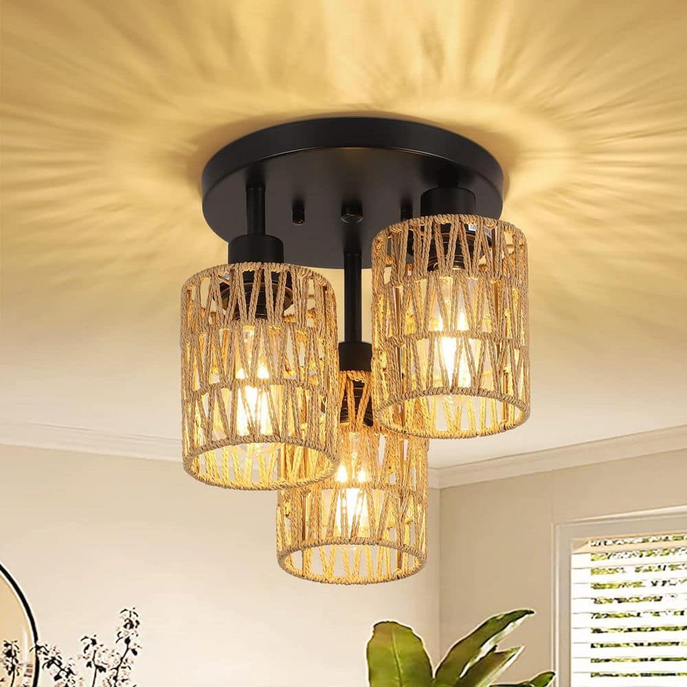 11 in. 3-Light Matte Black Industrial Semi-Flush Mount With Clear Crystal Shades for Kitchen Bedroom No Bulbs Included price history on PriceWatchPro