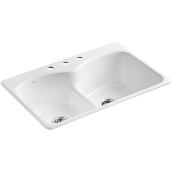 KOHLER Langlade Smart Divide Drop-In Cast-Iron 33 in. 3-Hole Double Basin Kitchen Sink in White
