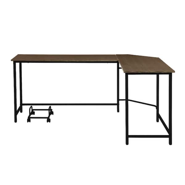 HomeRoots 66 in. L Shape Brown and Black Manufactured Wood Computer Desk