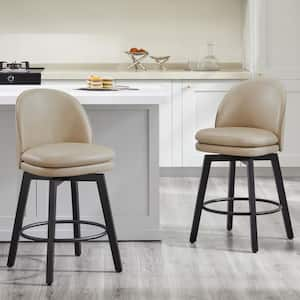 Cyprian  26 in. Beige Low Back Swivel Counter Height Bar Stool with Leather Seat and Wood Frame (Set of 2)