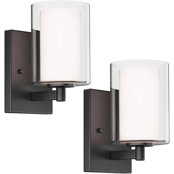5 in. 1-Light Black Bathroom Vanity Light Wall Sconce with Double Glass Shade (Set of 2)