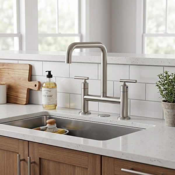 Double Handle Bridge Faucet with Kitchen Sink Hole Cover in Brushed Nickel