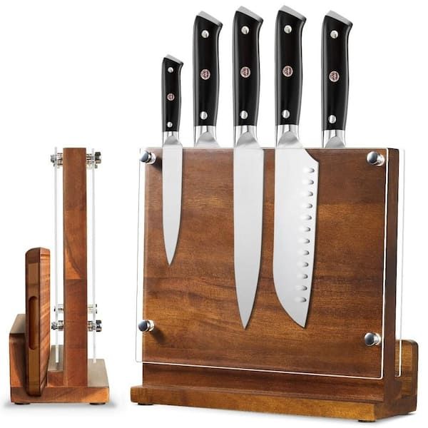 10-Knife Double-Side Acacia Wood Magnetic Knife Block with Acrylic Shield for Kitchen Counter