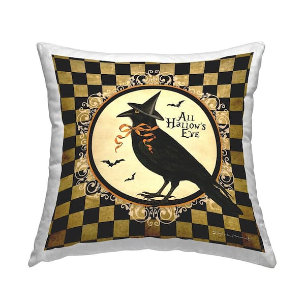 Stupell Industries Checkered All Hallow's Eve Crow Gold Print Polyester 18in. X 18in. Throw Pillow