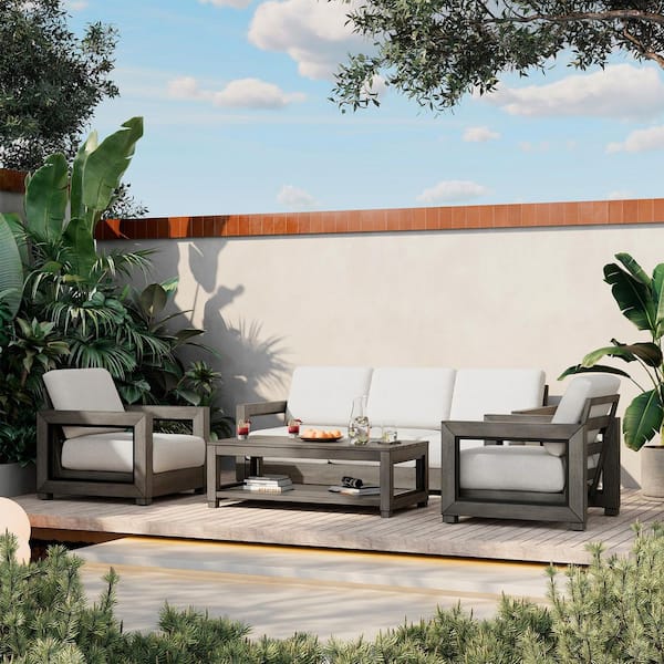 Luxe Haven 5-Person Aluminum Patio Conversation Set with 3-Seater Sofa and Gray Cushions