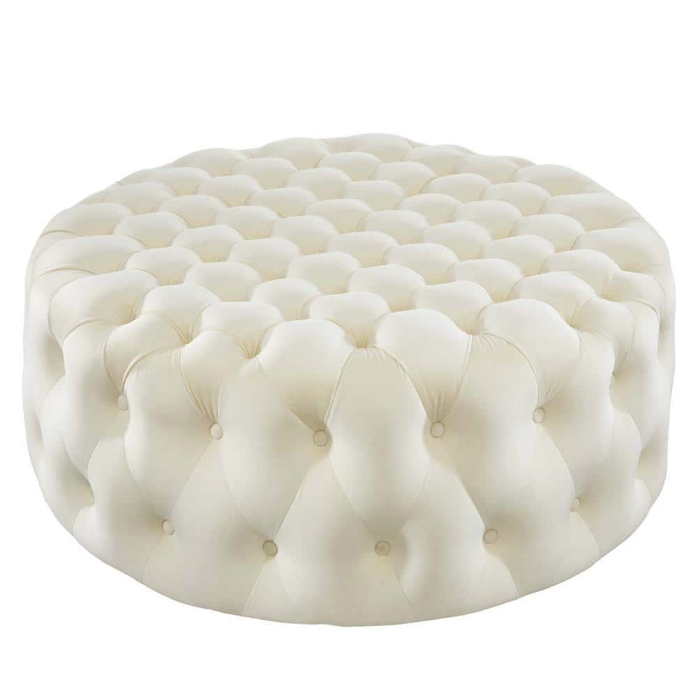 Amour 40'' Ivory Velvet Tufted Large Round Ottoman