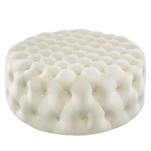 Amour Tufted Button Large Round Performance Ivory Velvet Ottoman