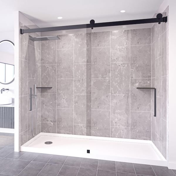 NuVo Platinum Grey-Tetherow 60 in. x 32 in. x 83 in. Base/Wall/Door Rectangular Alcove Shower Stall/Kit Matte Black Left