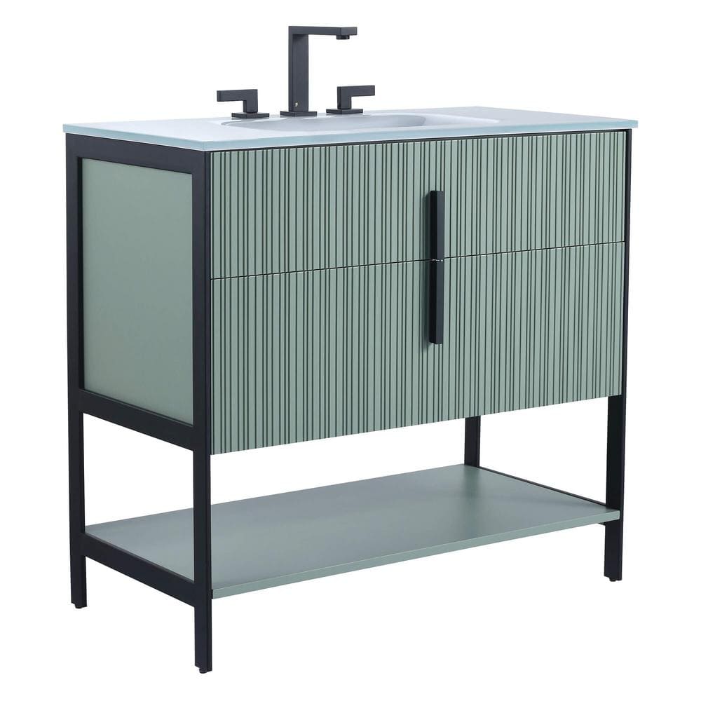 36 in. W x 18 in. D x 33.5 in. H Bath Vanity in Green with Glass Vanity Single Sink Top in White with Black Hardware price history on PriceWatchPro