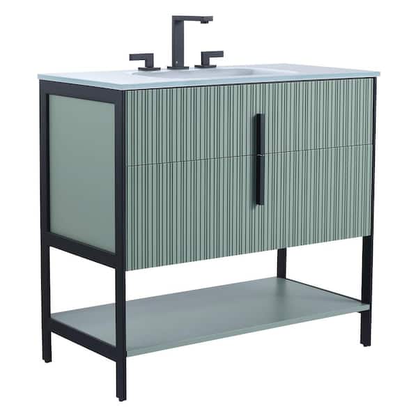 FINE FIXTURES 36 in. W x 18 in. D x 33.5 in. H Bath Vanity in Green with Glass Vanity Single Sink Top in White with Black Hardware