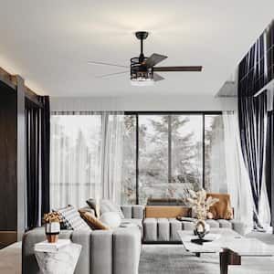 52 in. Indoor Matte Black Lighted Ceiling Fan with Remote Control, Glass Shade