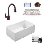 Ward All-in-One Farmhouse Fireclay 33 in. Single Bowl Kitchen Sink with Pfister Faucet in Bronze and Strainer Drain