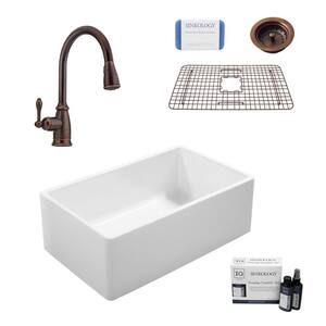 Ward All-in-One Farmhouse Fireclay 33 in. Single Bowl Kitchen Sink with Pfister Faucet in Bronze and Strainer Drain