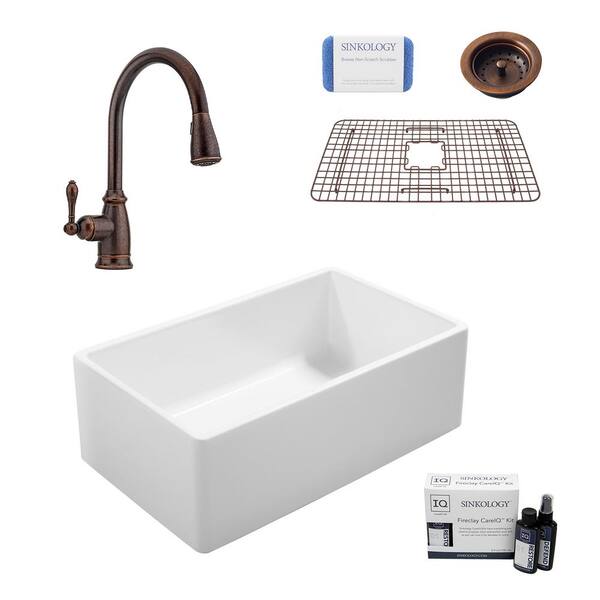 SINKOLOGY Ward All-in-One Farmhouse Fireclay 33 in. Single Bowl Kitchen Sink with Pfister Faucet in Bronze and Strainer Drain