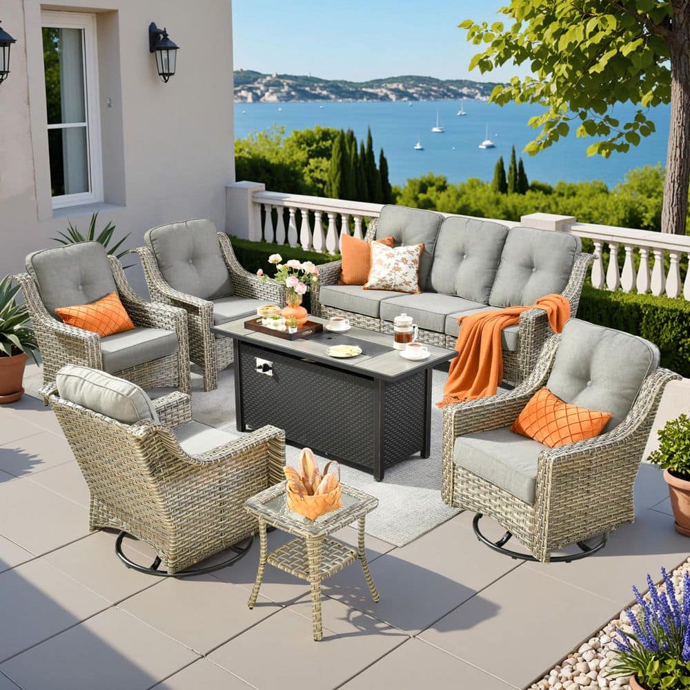 Eureka 7-Piece Wicker Patio Conversation Sofa Swivel Chair Set with Metal Fire Pit Table and Dark Gray Cushions