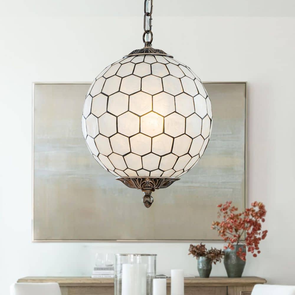 ALOA DECOR 1-Light 12 in. Vintage Mid Century Natural Capiz Shell  Chandelier Antique Brass French Country Globe Lantern Pendant H7156D30FG11A  - The ..., image size:1000x1000