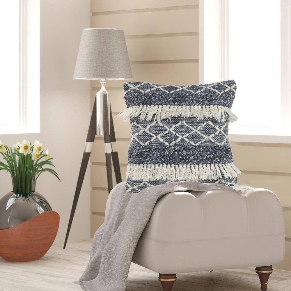 Navy and Ivory Embroidered Wool Square Throw Pillow