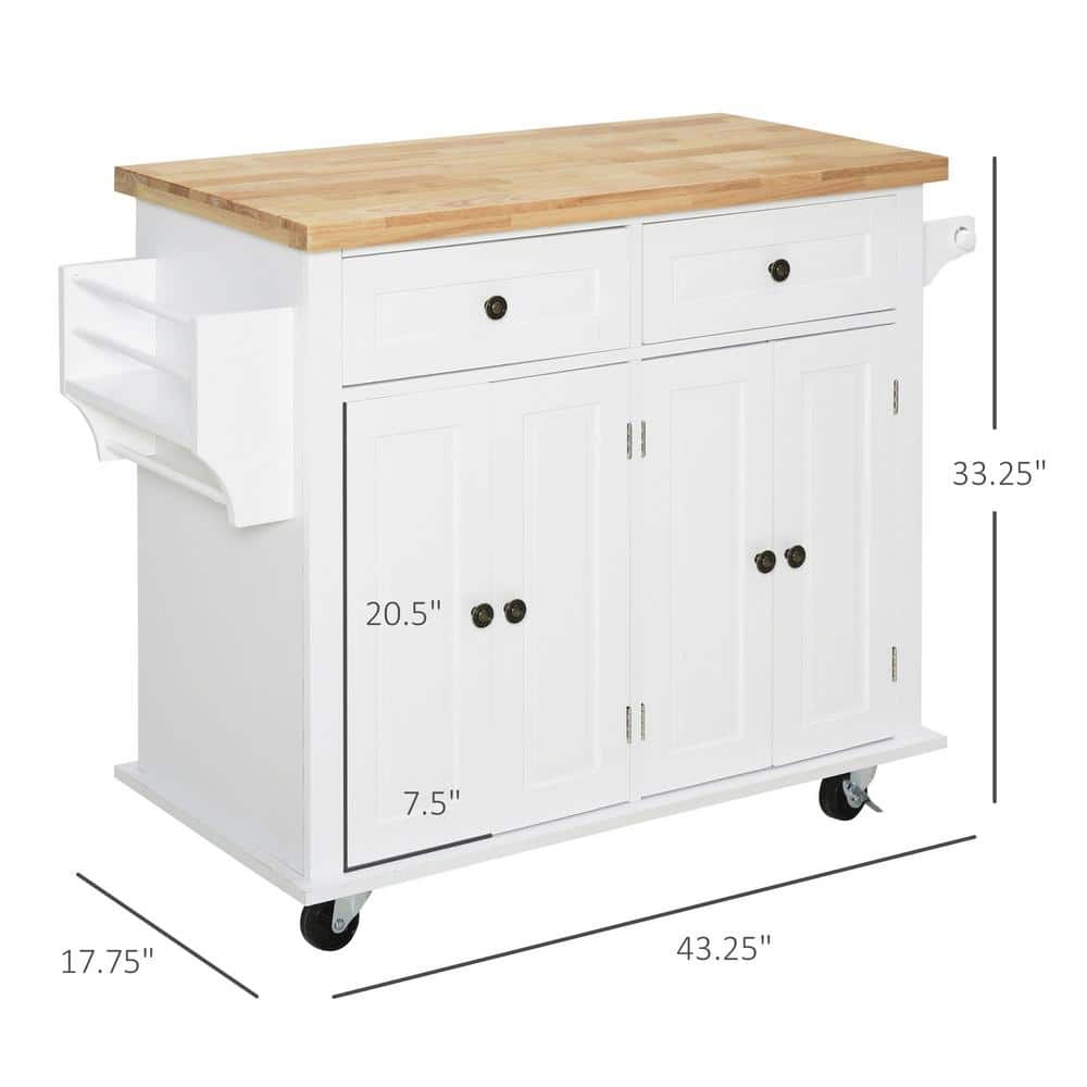 White Wood Kitchen Cart with Butcher Block Top and Storage