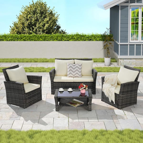 Unbranded 4-Piece Wicker Outdoor Sectional Set, Patio Rattan Conversation Set with Tempered Glass Coffee Table and Beige Cushions