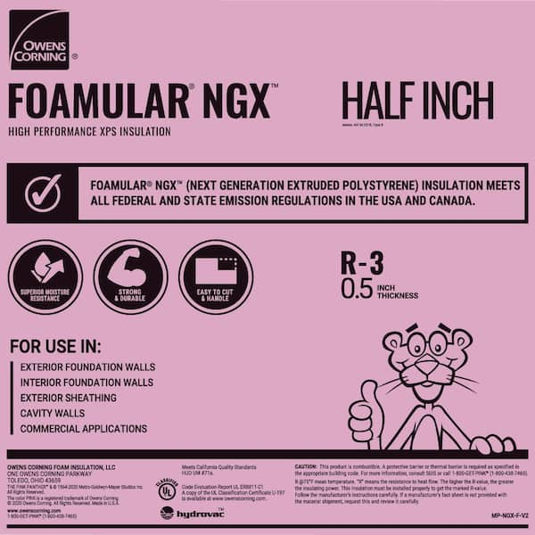 Owens Corning - FOAMULAR NGX Insulating Sheathing 0.5 in. x 4 ft. x 8 ft. SE R-3 XPS Rigid Foam Board Insulation