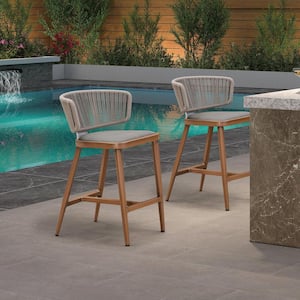 Modern Aluminum Outdoor Bar Stool Magnalium Button Rope Kelley Patio Bar Stool with Backrest and Cushion (Set of 2)