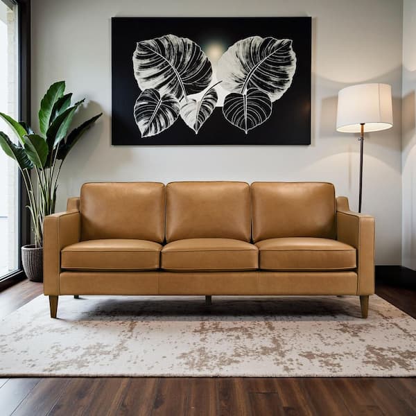 Ashcroft Furniture Co Miramar 81 in. W Square Arm Genuine Leather Modern Comfy Sofa in Cognac Brown (Seats 3)