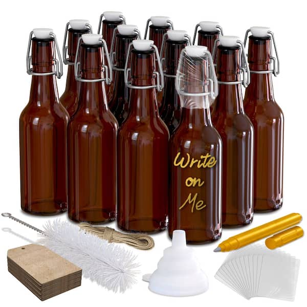 8.5 oz. Swing Top Amber Glass Beer Bottles with Bottle Brush, Funnel, Shrink Wrap, Paper Tags and Marker (Set of 12)