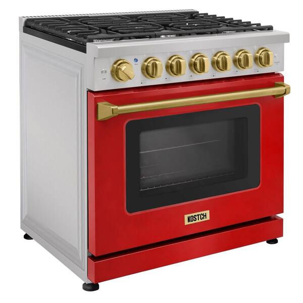 36 in. 6 Burners Freestanding Natural Gas Range with 6.0 cu. ft. Convection Oven in Red with Bronze Handle