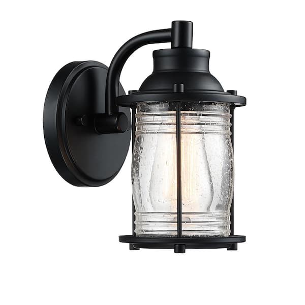 Miscool 1-Light Black Hardwired Outdoor Wall Lantern Sconce and Seeded Glass Shade