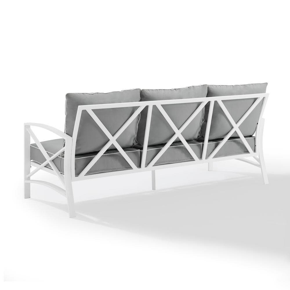 Gray Cushioned White Metal Outdoor Sofa with Three Seats